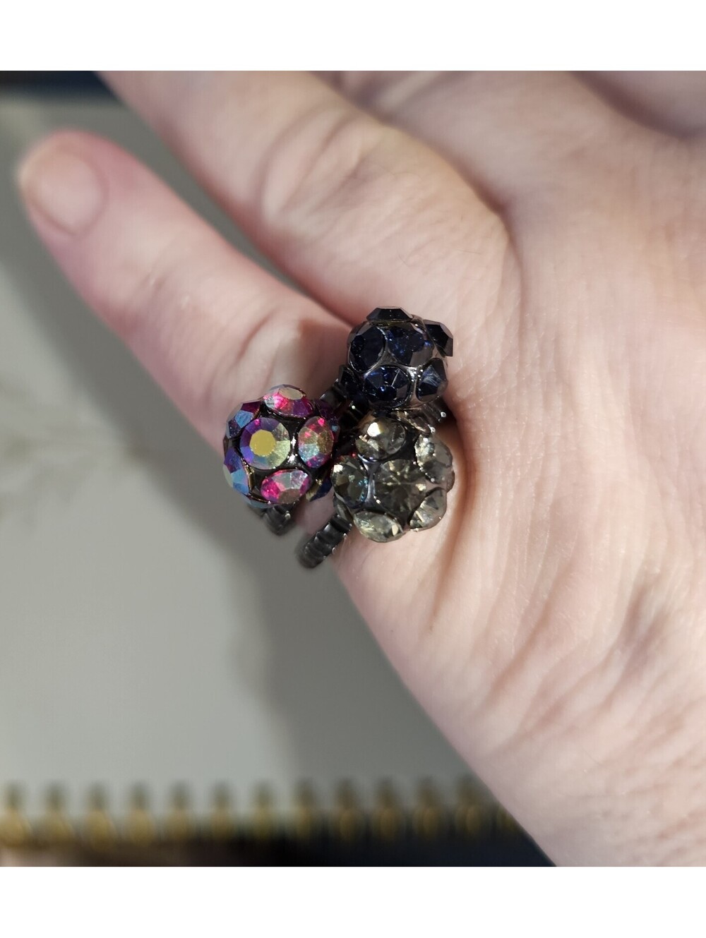 Set of 3 Black Rings Multicolor Pave AB Crystal Stack Sz 6.5 Goth NWOT